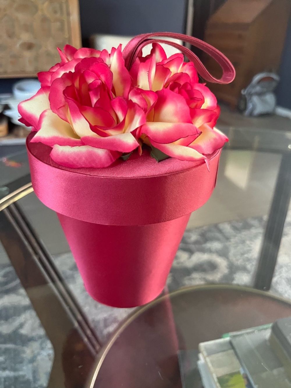 Pink Floral Satin flower pot Wristlet Clutch- vintage
